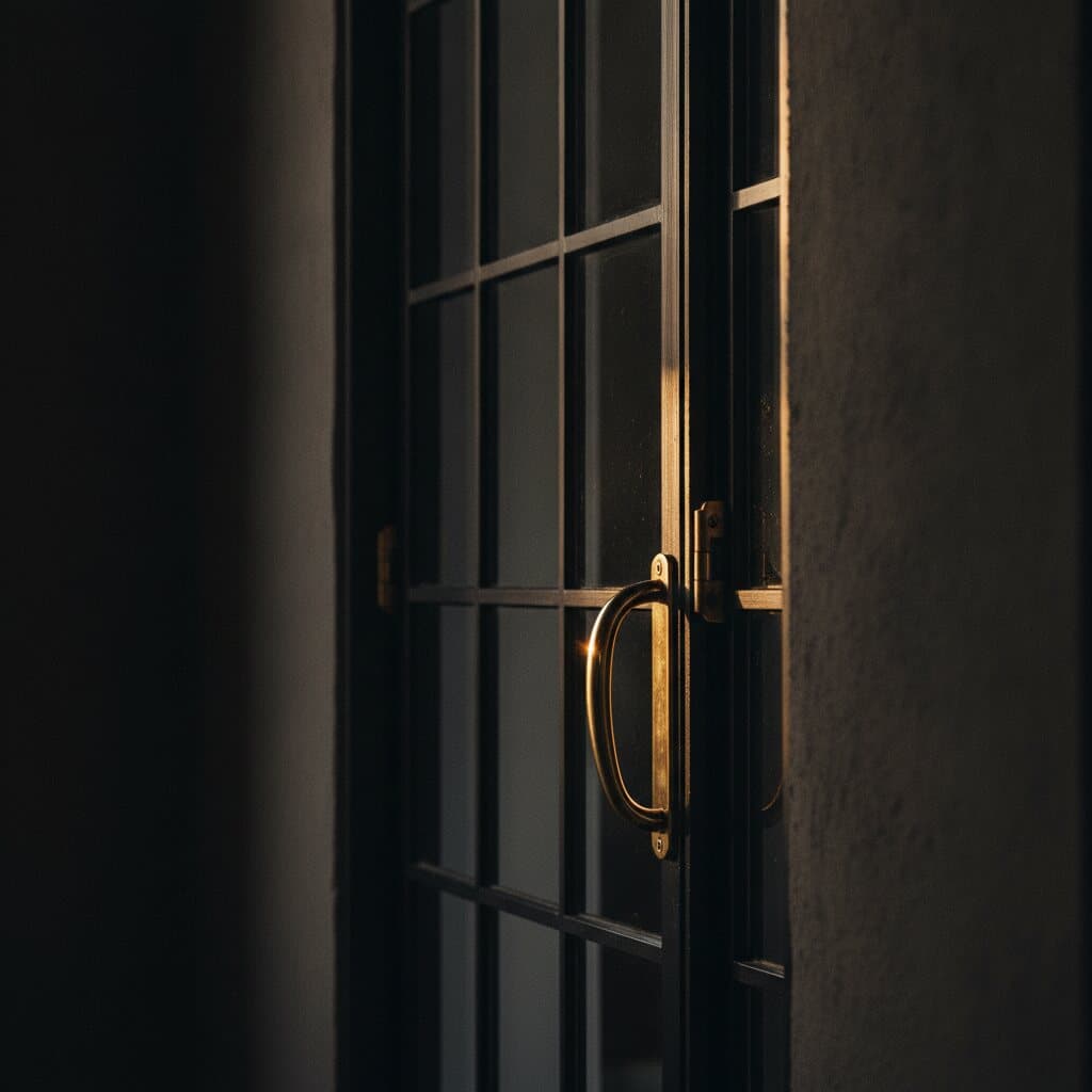 Streiflicht durch ein hohes Stahlfenster auf eine dunkle Wand, davor ein Messinggriff