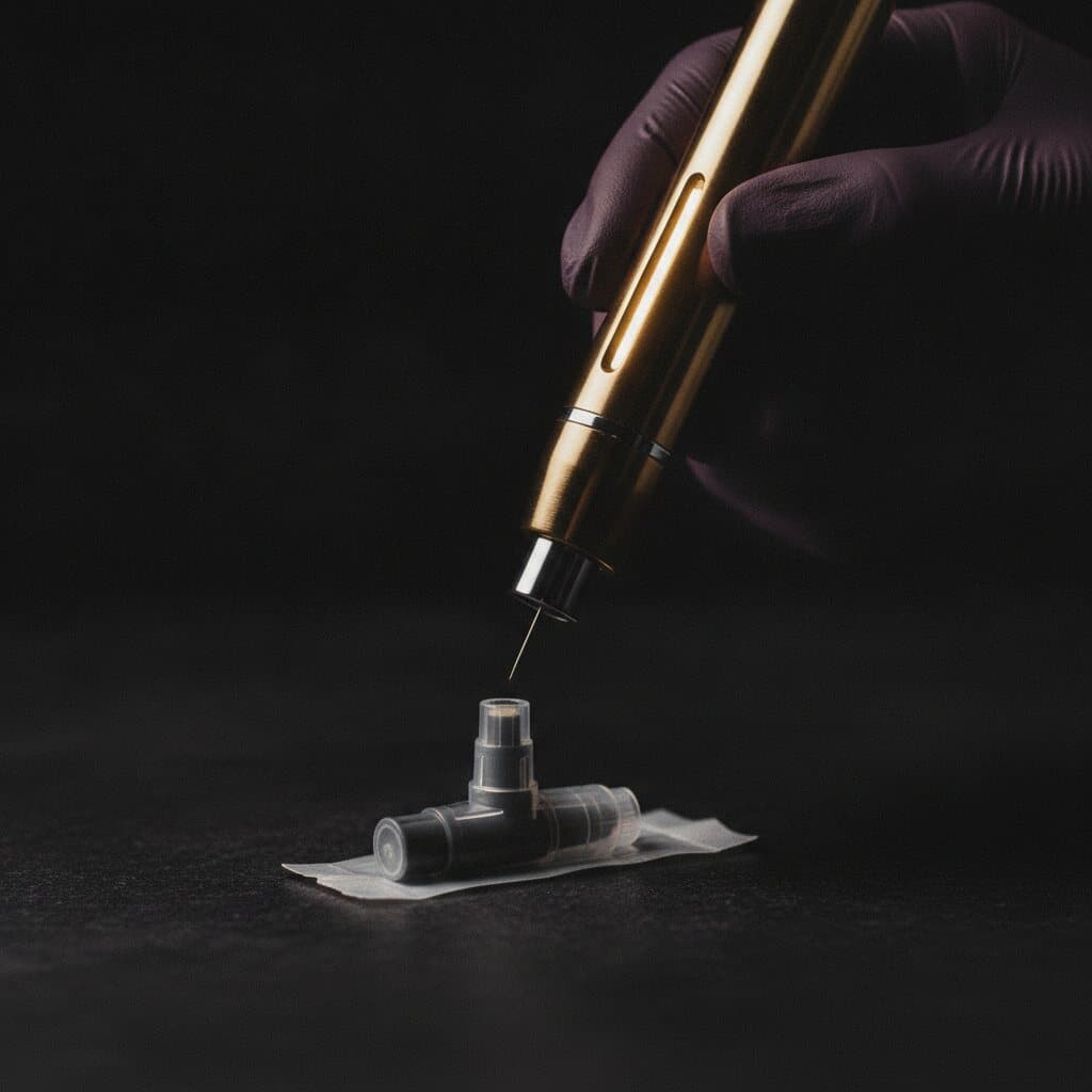 Microneedling-Pen in behandschuhter Hand über einer versiegelten sterilen Kartusche